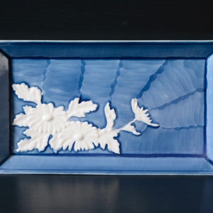 Japanese Rectangular Plate with White Mums and Blue Brushstrokes