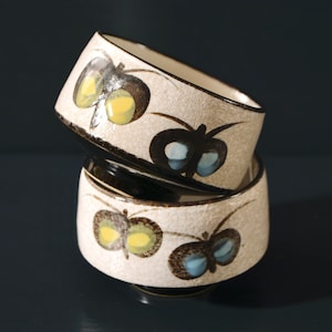 Japanese Mid Century Tea Cups with Butterflies and Irises, Set of 2