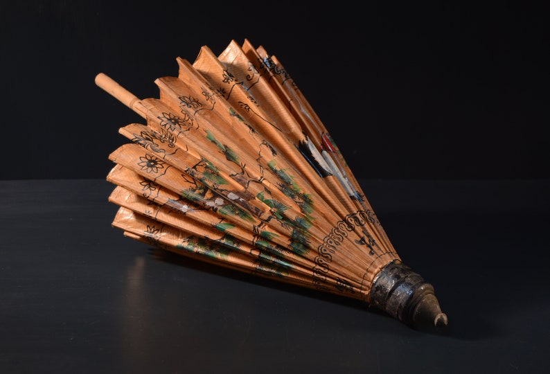 Vintage Japanese Parasol 50s Crane and Pine