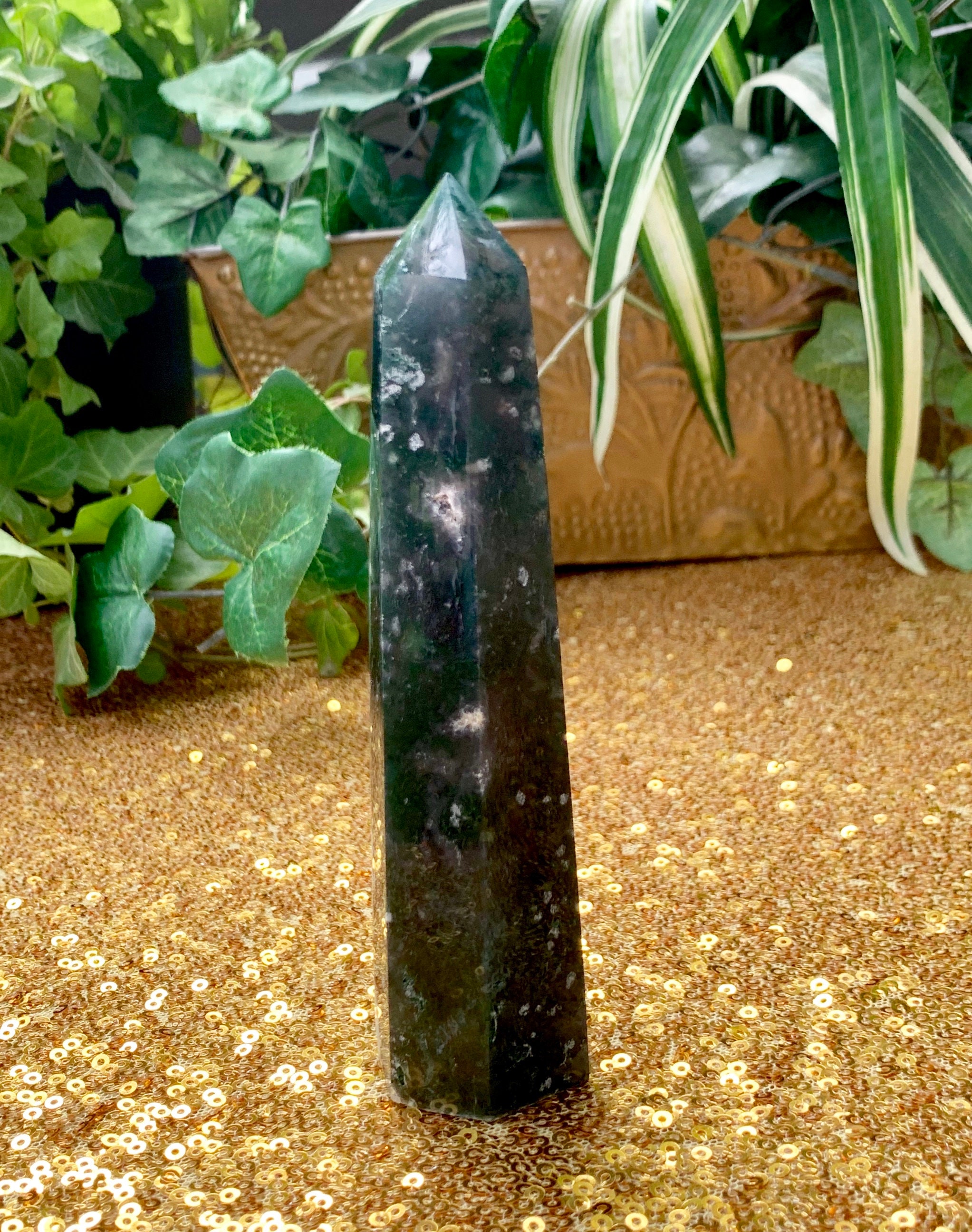 Moss Agate Tower With Druzy Agate Point Grounding Meditation | Etsy