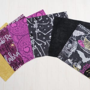 Elegantly Frightful - Purple Gold Halloween w/Silver Glitter Curation- Precuts - Charm Pack - 5&quot; Squares - 100% Quilting Cotton - 36ct
