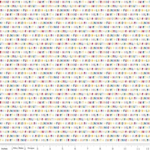 May include: White fabric with a repeating pattern of colourful words, including "friends", "happy", "love", "beauty", "sunshine", "fun", "blessed", "smile", "joy", "delight", "sweet", "awesome".