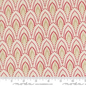 Peut inclure: Tissu cr&egrave;me avec un motif r&eacute;p&eacute;t&eacute; de formes en &eacute;ventail rouges et dor&eacute;es. Le motif pr&eacute;sente des points rouges et des lignes dor&eacute;es, cr&eacute;ant un style Art d&eacute;co textur&eacute;. Une r&egrave;gle est le long du bord inf&eacute;rieur, montrant des mesures en centim&egrave;tres.