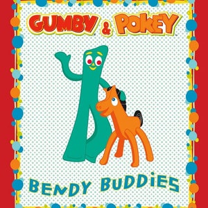 Gumby and Pokey Bendy Buddies Red Panel Fabric, Sold by the Panel