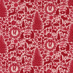 Peut inclure: Un tissu festif avec un motif r&eacute;p&eacute;t&eacute; d'illustrations de No&euml;l rouges sur un fond cr&egrave;me. Le motif comprend des arbres de No&euml;l, des rennes, des couronnes et le texte "O Holy Night".