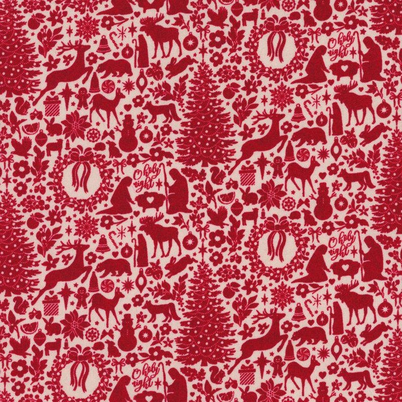 Peut inclure: Un tissu festif avec un motif r&eacute;p&eacute;t&eacute; d'illustrations de No&euml;l rouges sur un fond cr&egrave;me. Le motif comprend des arbres de No&euml;l, des rennes, des couronnes et le texte "O Holy Night".