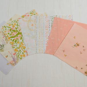 Peut inclure: Une collection de carrés de tissu avec divers motifs floraux et à motifs. La palette de couleurs comprend des pastels doux comme le lavande, la pêche et la crème, avec des accents de jaune, de vert et de marron. Les tissus présentent des papillons, des fleurs et des éléments botaniques.
