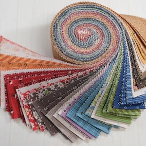 Könnte beinhalten: Ein gerolltes Bündel aus Stoffstreifen in verschiedenen Farben und Mustern. Der Stoff ist spiralförmig angeordnet, wobei sich einzelne Streifen auffächern. Zu den Farben gehören Rot, Orange, Blau, Grün und Braun. Der Stoff scheint Baumwolle zu sein, geeignet zum Quilten.