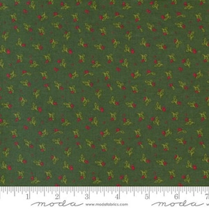 Peut inclure: Tissu vert fonc&eacute; avec un motif r&eacute;p&eacute;t&eacute; de petites fleurs rouges et de feuilles jaune-vert. Le tissu a un aspect textur&eacute;, adapt&eacute; au patchwork ou &agrave; l'artisanat. Une r&egrave;gle est au bas de l'image.
