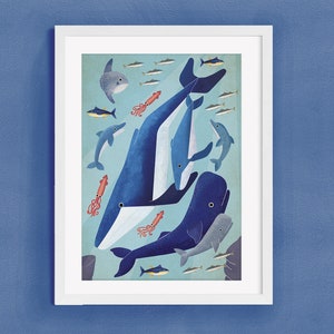 Ilustración de ballenas / Ballenas azules / Ocean Print / Decoración de paredes / Arte mural