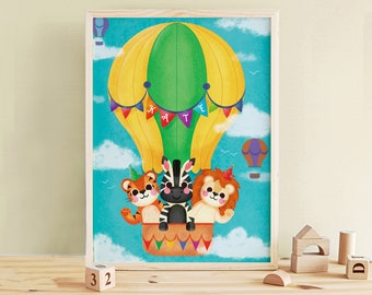 Hot Air Balloon | Name print | Personalised illustration | Illustrated Children's Animals | Wall Art | Animal Print