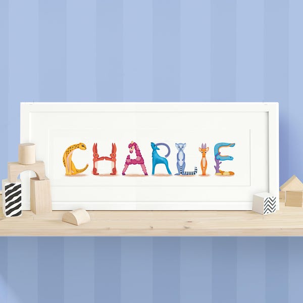 Personalisierte Name Drucke | Gerahmtes Bild | Alphabet Druck | Tierbuchstabe | Baby Geschenk | Babyparty | Illustration |