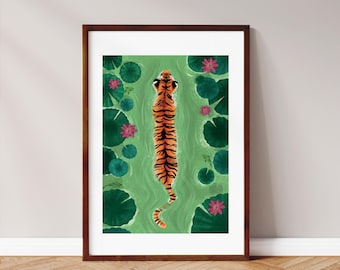 Tiger Wall Art | Illustrated Print | Wall decor | Tropical Print | Tiger & Water Lilies