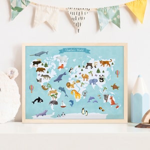 Personalisierte Tierweltkarte für Kinder | Lernatlas Druck | Personalisierte Kinderzimmer Dekor | Illustrierte Kunst