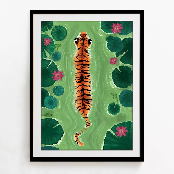 Tiger Wand Kunst | Illustrierte Tiger Print | Wanddekor | Tropischer Druck | Tiger & Seerosen