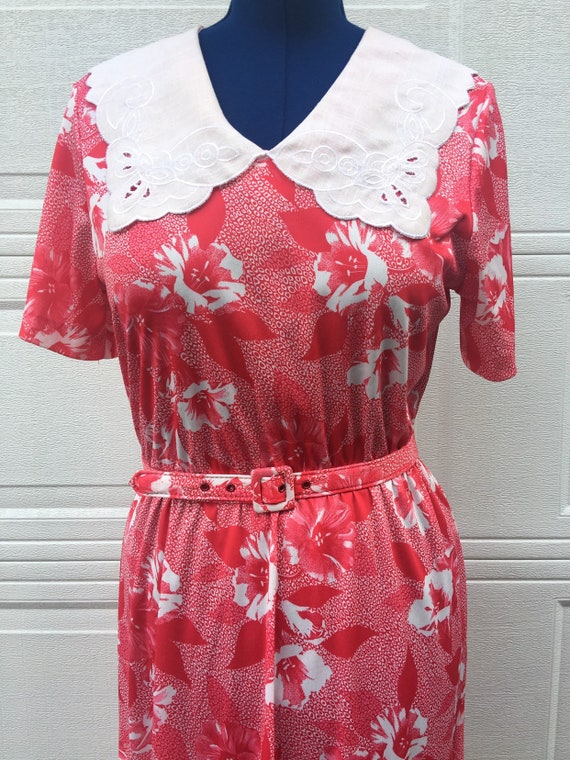 Red floral print vintage 70's dress, size Large - image 2