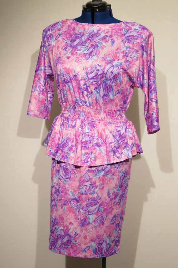 80's Vintage dress, floral print with waist ruffle