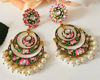 Handpainted Kundan meenakari layered chand Bali earrings with moti