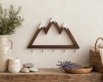 Mountain Key Holder for Wall | Wooden Key Rack with Hooks | Rustic Entryway Organizer | Cabin Decor | Hiker Gifts
