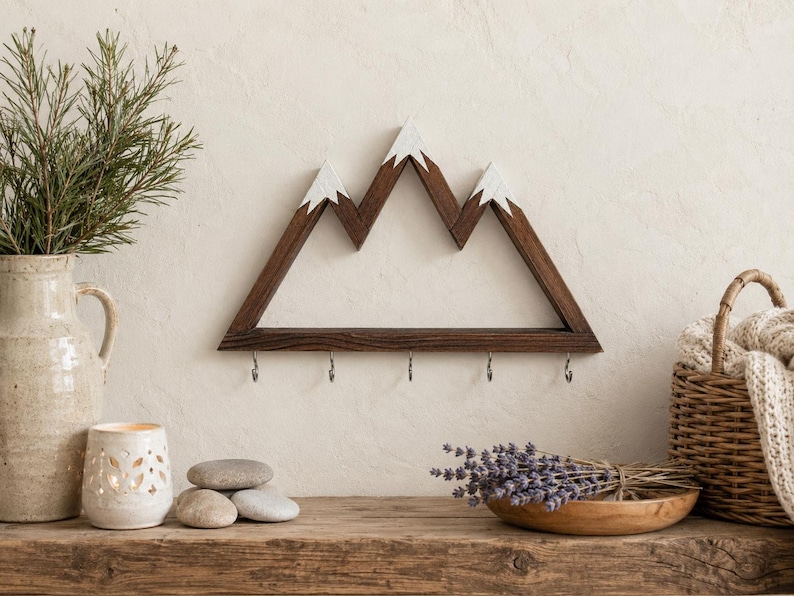 Puede incluir: Estante de pared de madera con forma de monta&ntilde;a, con marco marr&oacute;n oscuro y picos pintados de blanco. El estante tiene cinco ganchos de metal debajo. Se exhibe sobre una superficie de madera r&uacute;stica.