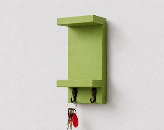 Vertical Wooden Key Holder with 2 Shelves and 2 Hooks | Entryway Organizer