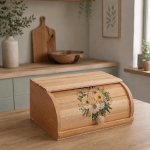 Wooden Roll Top Bread Box | Floral Bread Bin | Daisy Kitchen Decor
