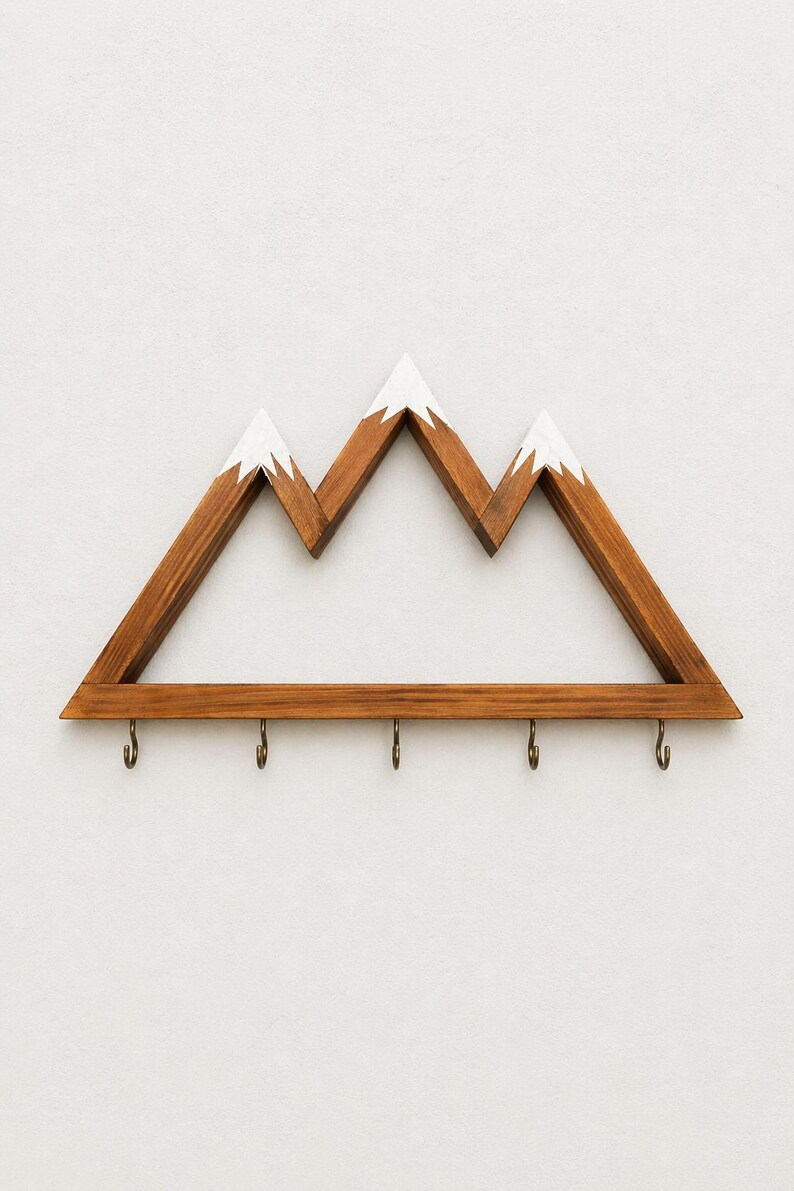 Puede incluir: Perchero de pared de madera con forma de monta&ntilde;a con cinco ganchos de color bronce. Los picos de las monta&ntilde;as est&aacute;n pintados de blanco, contrastando con la madera marr&oacute;n. Un art&iacute;culo decorativo y funcional.