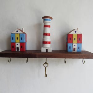 Nautical Lighthouse Wall Key Holder with 5 Hooks | Coastal Wooden Organizer | Beach House Decor