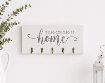 Wooden Key Holder for Wall | Home Sweet Home Entryway Organizer with 5 Hooks