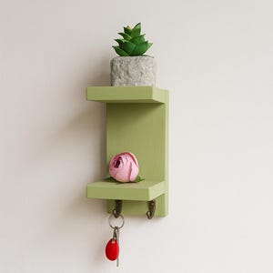 Verticale plank voor sleutelhouder met haken | Olijfgroene wandopberger | Houten sleutelrek voor entree