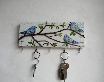 Wooden key holder with birds/ Key hanger for wall/ Small key organizer/ Bird entryway wall decor/ New home gifts