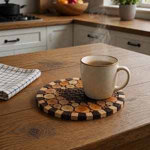 Puede incluir: Un posavasos redondo hecho de pequeñas rodajas de madera circulares en varios tonos de marrón y beige, dispuestas en un patrón de mosaico. Una taza de cerámica de color blanco roto humeante con un borde marrón descansa sobre el posavasos.