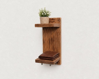 Verticale sleutelhouder met plank en haken | Houten sleutelrek met smalle ingang | Rustieke opberger met kleine planken