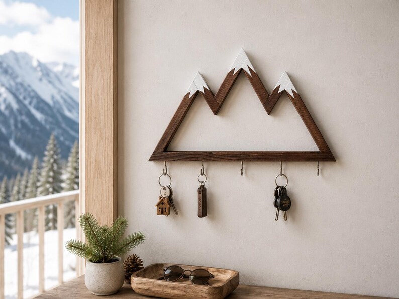 Puede incluir: Un llavero de madera con forma de monta&ntilde;as, con tres picos pintados de blanco. El marco marr&oacute;n oscuro tiene ganchos para llaves, con varios llaveros colgando. Se ve un llavero en forma de casa peque&ntilde;a.