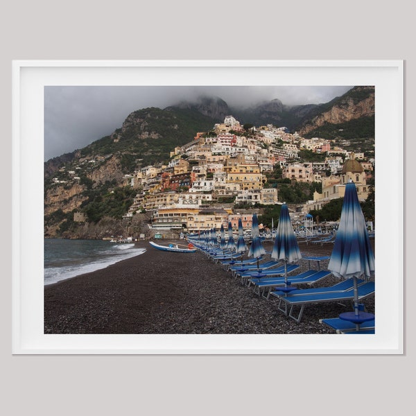 Positano Beach Photo, Italy Photo Print, Amalfi Coast Poster, Blue Parasols Beach, Positano Wall Art, Birthday Gift Print, Coastal Art