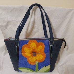 Shoulder bag, Daisy tote, upcycled denim, cotton, blue
