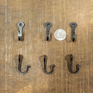 Set of 6 small handmade blacksmith hooks made from horseshoe nails with attaching screws