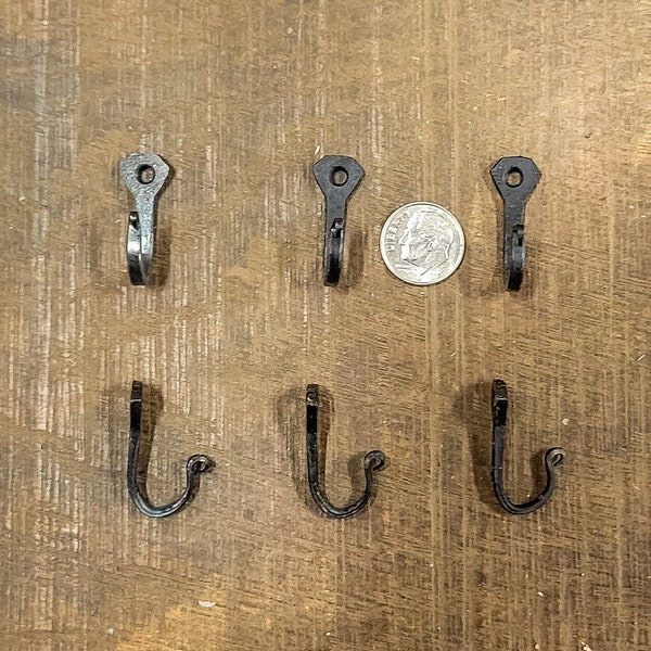 Set of 6 small handmade blacksmith hooks made from horseshoe nails with attaching screws