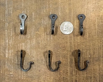 Set of 6 small handmade blacksmith hooks made from horseshoe nails with attaching screws