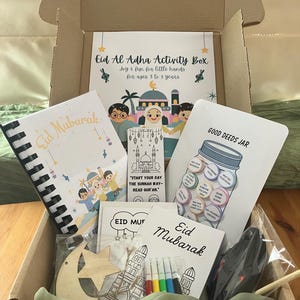 Caja de actividades de Eid para niños - Regalo de Eid para niños - Regalo islámico - Manualidades - Libro de actividades - Frasco de buenas obras - Tarjetas - Kit de manualidades - Regalo infantil