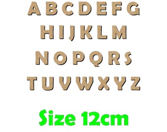May include: A set of 26 wooden letters in uppercase, painted brown, spelling out the alphabet from A to Z. The letters are 12 cm tall and are arranged in three rows. The text "Size 12cm" is written in green below the letters.