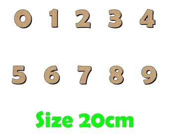 May include: A set of ten brown wooden numbers, 0 through 9, with a black outline. The numbers are arranged in two rows, with the numbers 0 through 4 in the top row and 5 through 9 in the bottom row. The numbers are 20 cm in size.  The text "Size 20cm" is written in green below the numbers.