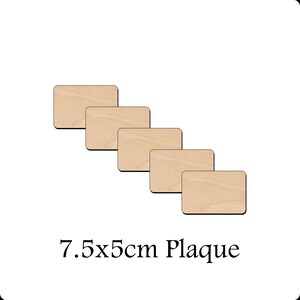 May include: Five unfinished wooden plaques, each measuring 7.5 by 5 centimetres, arranged in a staggered pattern. The plaques are made of light-coloured wood and have a smooth surface. 7.5x5cm Plaque