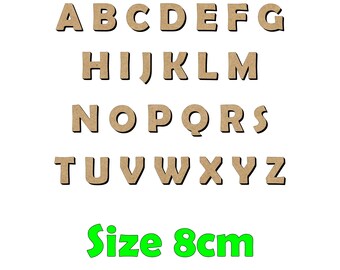 May include: Wooden alphabet letters A to Z, in a serif font, arranged in rows. The letters are light brown with a darker shadow. The text "Size 8cm" is written in green below the letters.