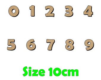 May include: Ten wooden numbers, 0 through 9, in a brown color with black outlines. The numbers are arranged in two rows of five. The numbers are 10 cm in size.  Size 10cm is written in green letters below the numbers.