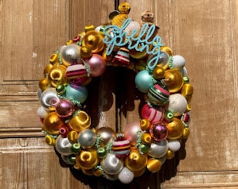 Vintage Ornament Wreath for Spring; Hello Spring Wreath