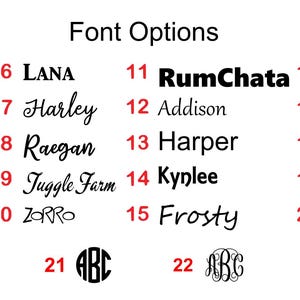 Puede incluir: Una tabla titulada Font Options que muestra veintid&oacute;s estilos numerados. Los n&uacute;meros del 1 al 20 muestran varios ejemplos de texto en negro, incluidos Mila, Whimsical, Elizabeth, Fireball, Spice, LANA, Harley, Raegan, Juggle Farm, ZORRO, RumChata, Addison, Harper, Kynlee, Frosty, Arianna, Meghan, Rosie, Darling y Wish. Los n&uacute;meros 21 y 22 muestran estilos de monogramas.