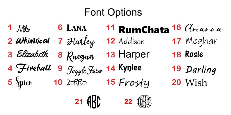 Puede incluir: Una tabla titulada Font Options que muestra veintid&oacute;s estilos numerados. Los n&uacute;meros del 1 al 20 muestran varios ejemplos de texto en negro, incluidos Mila, Whimsical, Elizabeth, Fireball, Spice, LANA, Harley, Raegan, Juggle Farm, ZORRO, RumChata, Addison, Harper, Kynlee, Frosty, Arianna, Meghan, Rosie, Darling y Wish. Los n&uacute;meros 21 y 22 muestran estilos de monogramas.