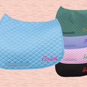 Puede incluir: Una colecci&oacute;n de sudaderos acolchados para caballos en azul claro, verde oscuro, morado, rosa claro y negro. Cada sudadero presenta una trabilla rectangular y bordado personalizado con los nombres Elizabeth, Raegan, Frosty, Sugar y Haven.