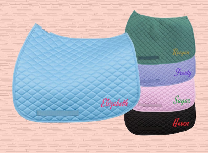Puede incluir: Una colecci&oacute;n de sudaderos acolchados para caballos en azul claro, verde oscuro, morado, rosa claro y negro. Cada sudadero presenta una trabilla rectangular y bordado personalizado con los nombres Elizabeth, Raegan, Frosty, Sugar y Haven.